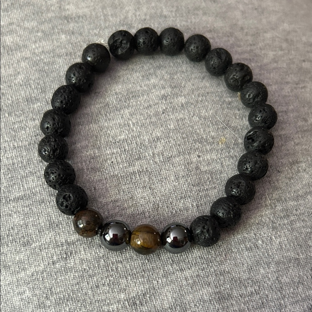 Lava Stone. Tigers Eye, Hematite Bracelet